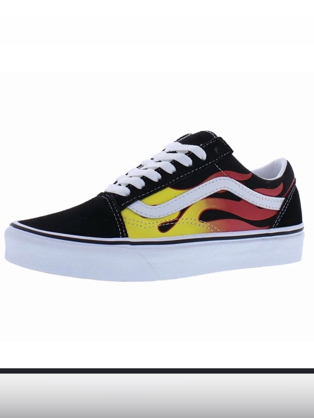 Vans Black Low Top Sneakers with Yellow and Red Flame Graphic